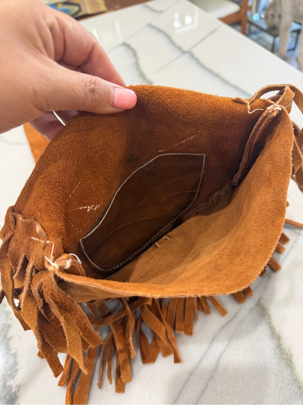 Vintage Suede Fringe Crossbody Bag - Tan - Picture 4 of 5